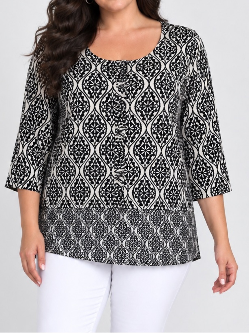 Croft & Barrow Women's Top Plus 2X Black White Print Stretch Scoop Neck